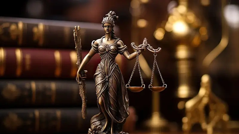 En staty av lady justice som håller en rättviseskala.