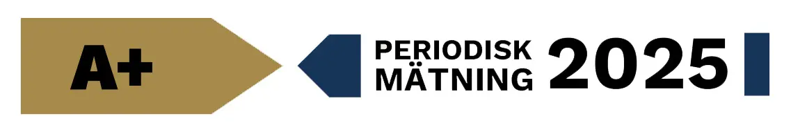 PERIODISK MÄTNING 2025 visas på en gul och blå etikett med texten A+.